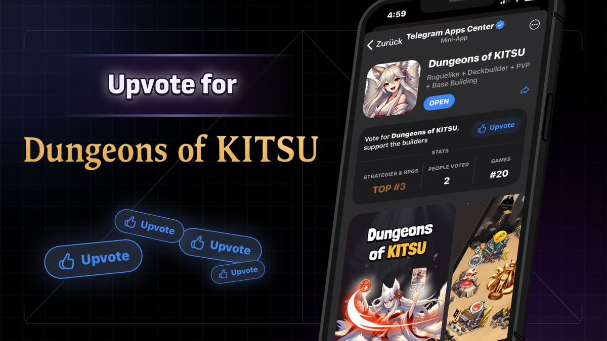 KITSU Needs Your Vote 🪧

<a href="/tappscenter/">Telegram Apps Center</a> Centre just launched new awesome feature 🔥

Vote for Dungeons of KITSU and help us to get TOP 🚀

🎁 Just a quick reminder: the top 50 most active users of this new feature will each get a special NFT Gift.

How to vote?
It’s easy! Go to