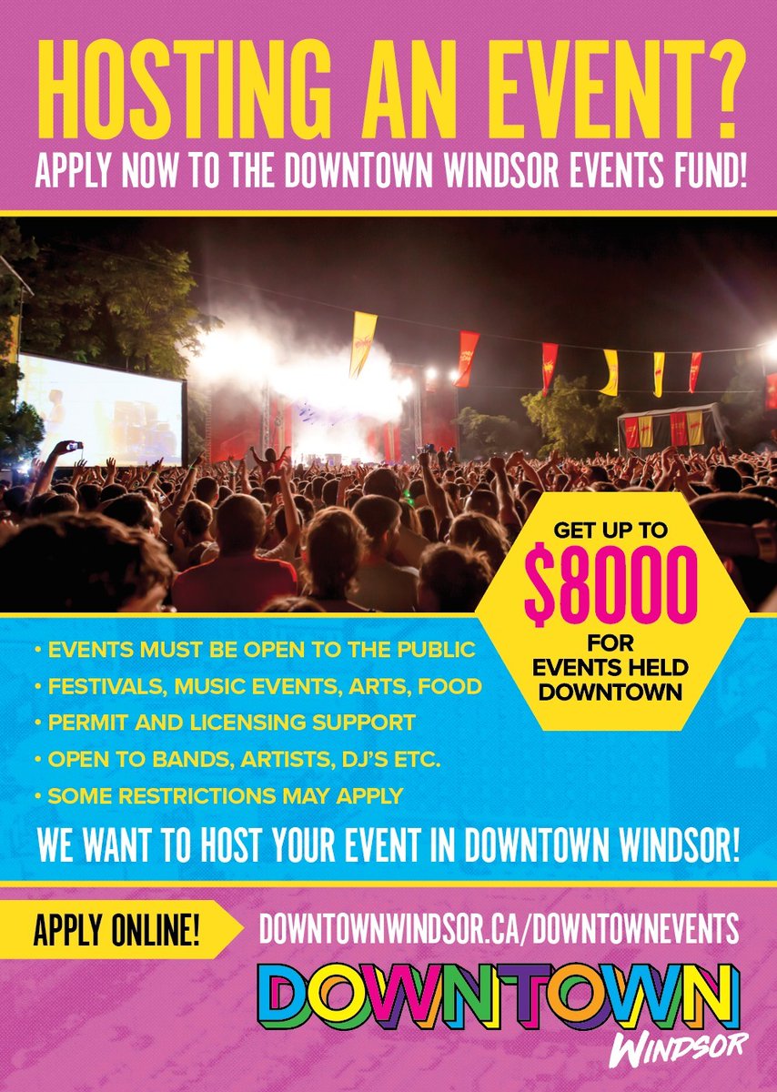📣 Calling all event planners and creative minds in #Windsor! The Downtown Windsor Events Fund is now accepting applications for public events that bring life to our city core!

Have a vision for a street festival, concert, art market or food event? You could receive up to $8,000