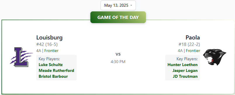 🆚 Game of the Day 🆚

Paola <a href="/PaolaBaseball/">Paola High School Baseball</a> 
              @
Louisburg <a href="/LHS_Activities/">LHS_Activities</a>