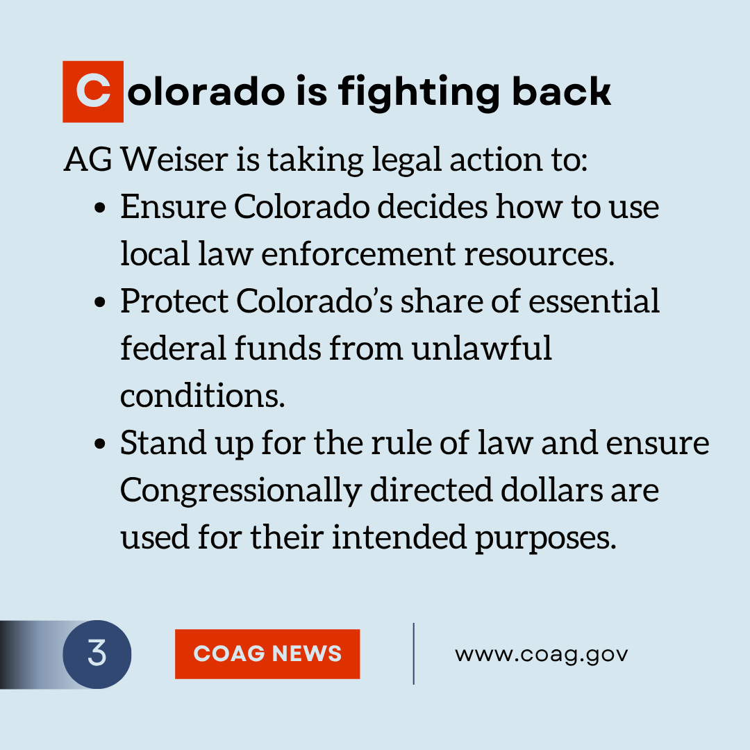 Today, Attorney General Phil Weiser joined 19 other states in two lawsuits against the Trump administration for threatening to withhold billions in emergency and infrastructure funding to coerce states into enforcing federal immigration laws. Read more: bit.ly/3YI0bEv