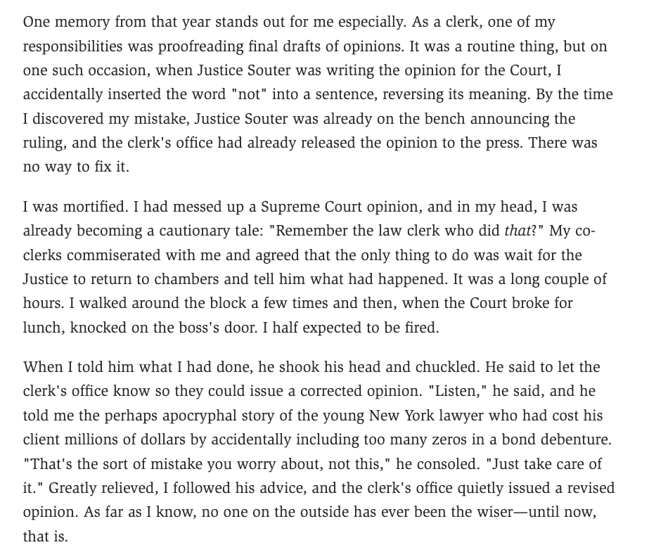 OrinKerr's tweet photo. A lovely remembrance of Justice Souter, but this passage from @MarkMovsesian is going to be of particular interest to former (and current) law clerks. 
https://t.co/5P1mXHusQU https://t.co/sd0nLKZYuF