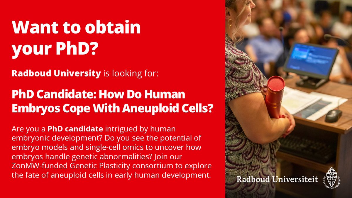 hendrik_marks's tweet image. We have an open PhD position in my team at @Radboud_Uni on the fate of aneuploid cells during human embryogenesis. @ZonMw open collaboration w/ Maastricht Uni & MUMC+ @E_Vrij, Stefan Giselbrecht, Edith Coonen. Info/apply (before Jun 1st): lnkd.in/eEnFQUa8, or send me a PM.