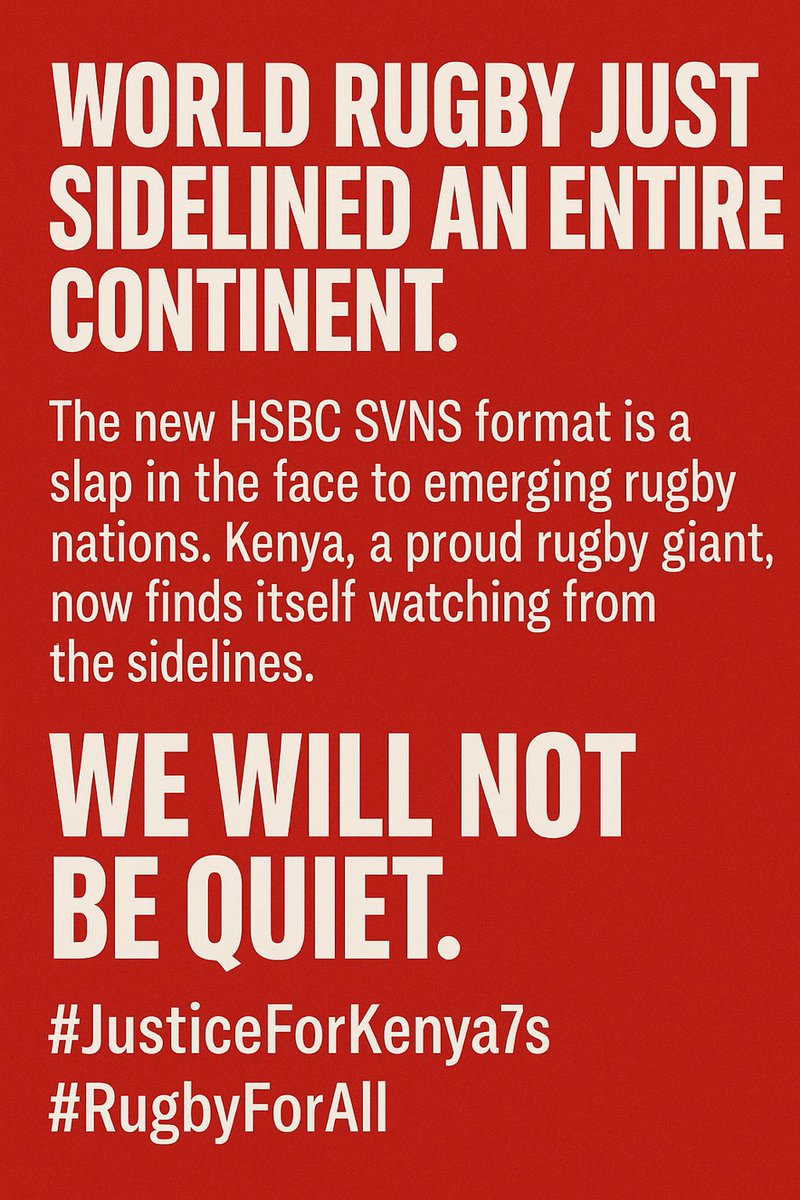 JakeOloo's tweet image. World Rugby just sidelined Africa.
The new #HSBCSVNS format locks out teams like Kenya—despite decades of loyalty, performance, and passion.
We’re not just angry. We’re organizing.
#JusticeForKenya7s #RugbyForAll #HSBCSVNS #WorldRugbyMustListen