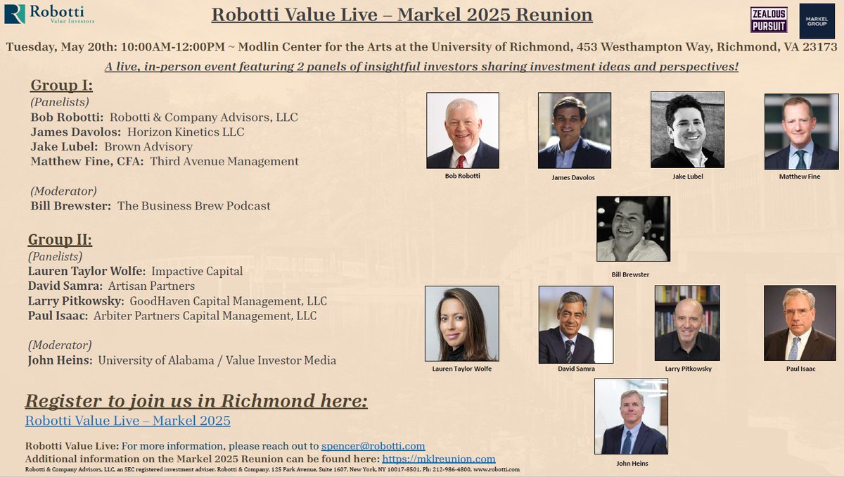 We are looking forward to seeing everyone next week in Richmond, Virginia as part of the events planned for the 2025 Markel Group Reunion on May 20th &amp; 21st!
The Robotti Value Live investor panel discussions will take place on Tuesday, May 20th from 10:00am to 12:00pm at the