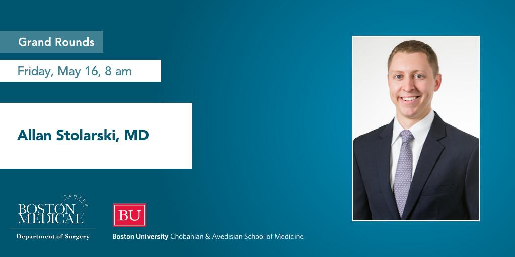 BMCSurgery's tweet image. Our @The_BMC Surgery Grand Rounds speaker this Friday is Chief Resident Dr. Allan Stolarski. We are looking forward to his talk, "The Chip-Powered Evolution of Trauma Care," and learning about the application of AI in triage of trauma patients. @BostonTrauma @BUMedicine