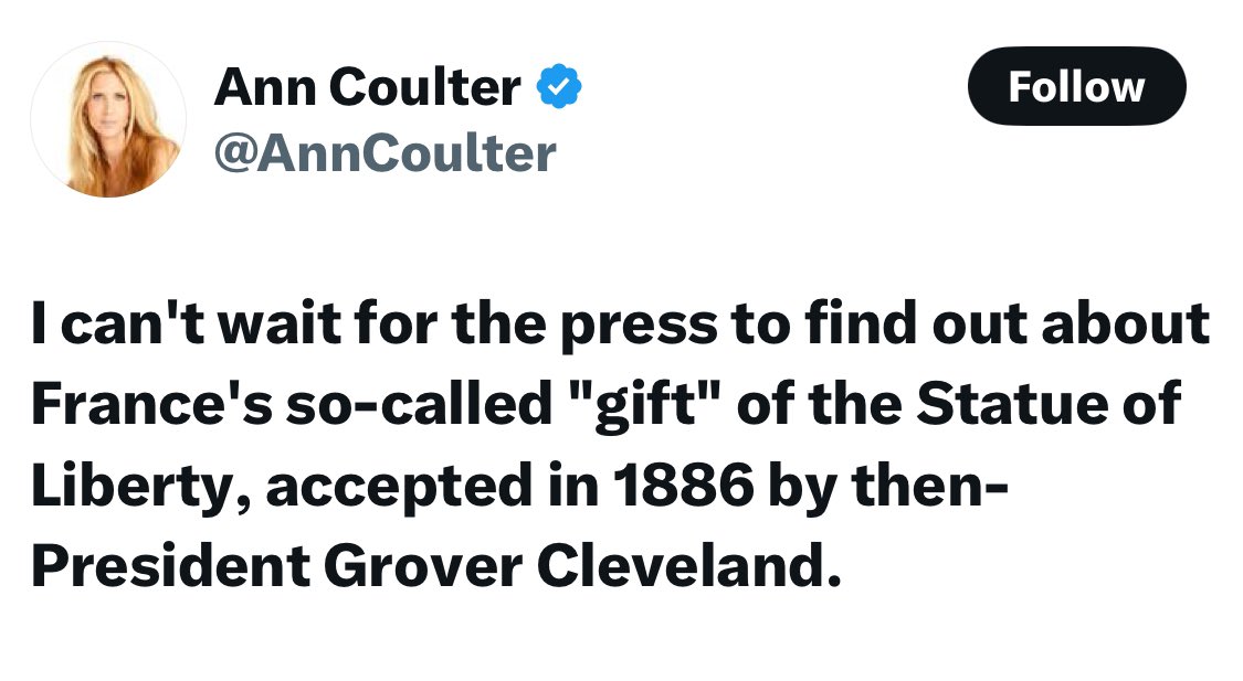 I can’t wait for Ann to find out about the fact that Grover Cleveland didn’t take the Statue of Liberty with him when he left office.