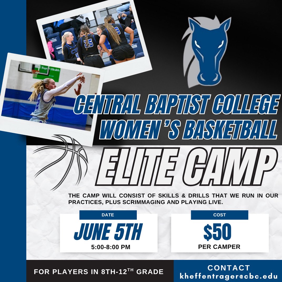 Lady Mustangs Basketball (@cbcwbball) on Twitter photo Join us on June 5th from 5:00–8:00 PM at Central Baptist College in the AR Reddin Field House for our first Elite Camp of the summer! This camp is open to girls entering 8th–12th grade for the 2025–2026 school year.
📧 Questions? Contact Coach Heff at kheffentrager@cbc.edu Join us on June 5th from 5:00–8:00 PM at Central Baptist College in the AR Reddin Field House for our first Elite Camp of the summer! This camp is open to girls entering 8th–12th grade for the 2025–2026 school year.
📧 Questions? Contact Coach Heff at kheffentrager@cbc.edu