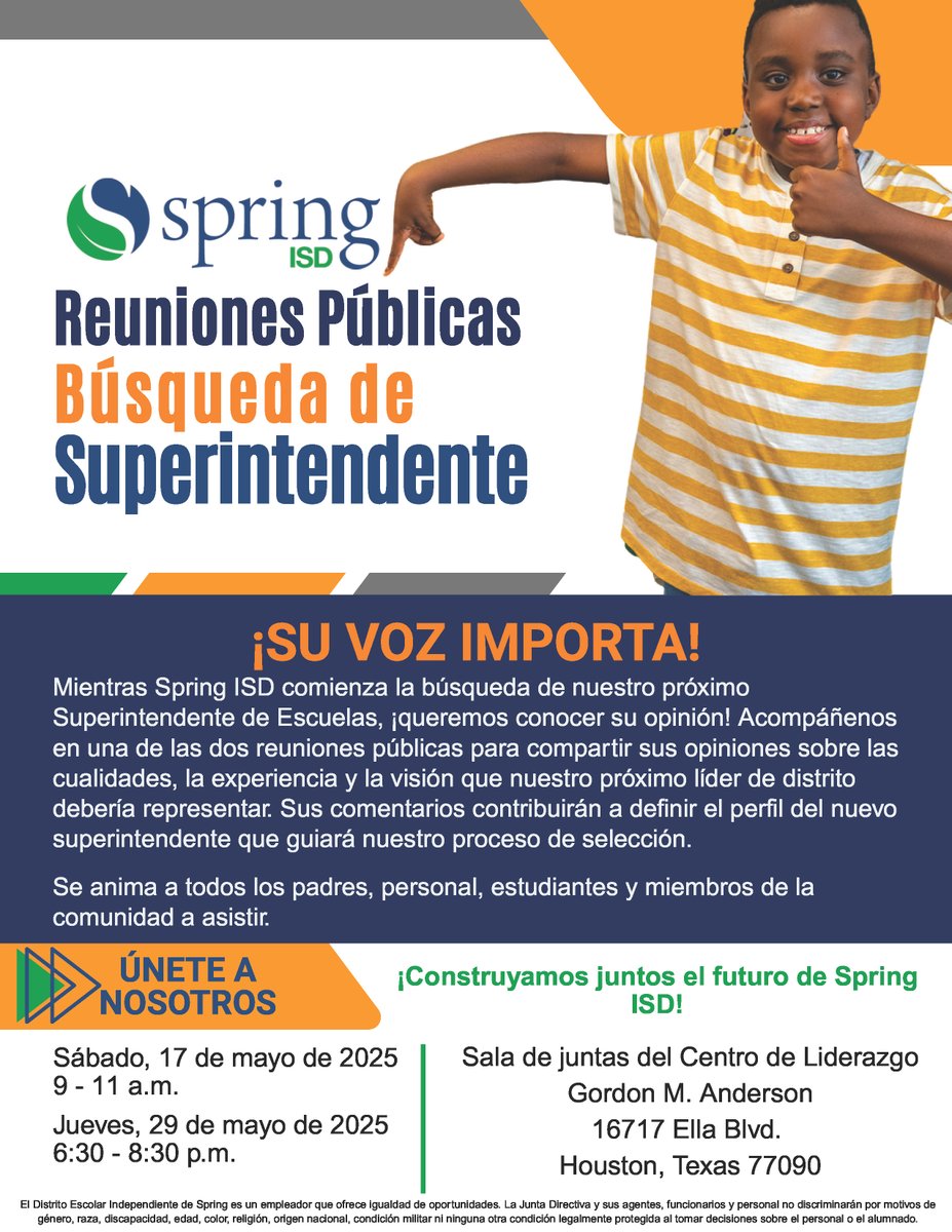 We invite you to participate in one of two upcoming Town Hall Meetings as Spring ISD begins the search for its next Superintendent of Schools. Join us to learn more about the search process and provide your feedback in person.