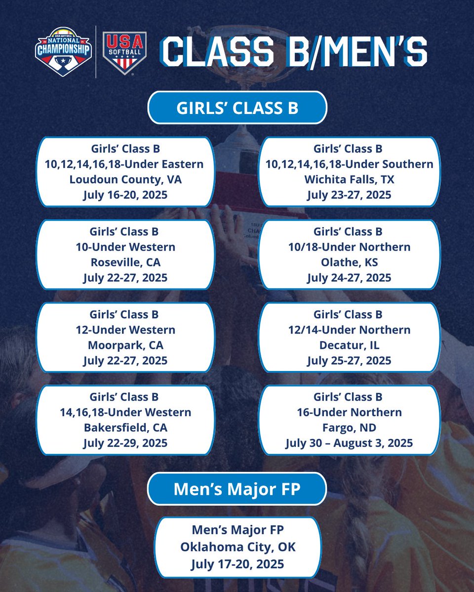 2025 𝐅𝐚𝐬𝐭𝐩𝐢𝐭𝐜𝐡 National Championship Schedule 🏆

Girls’ Gold / Class A / Class B / Men’s Major

#USASoftball | #Grassroots
