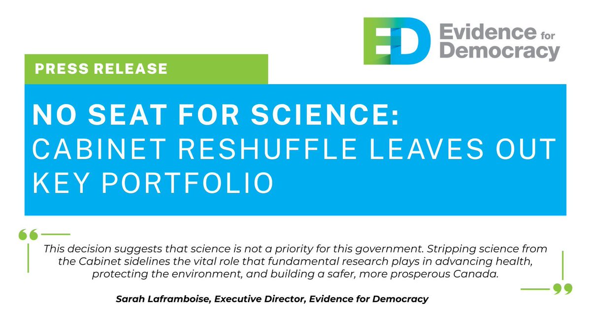 E4Dca's tweet image. Canada’s new Cabinet is missing something critical: a dedicated science minister.
By sidelining science, this government sends a disappointing message to the science and research community.
Read our full statement: evidencefordemocracy.ca/press-release-…
