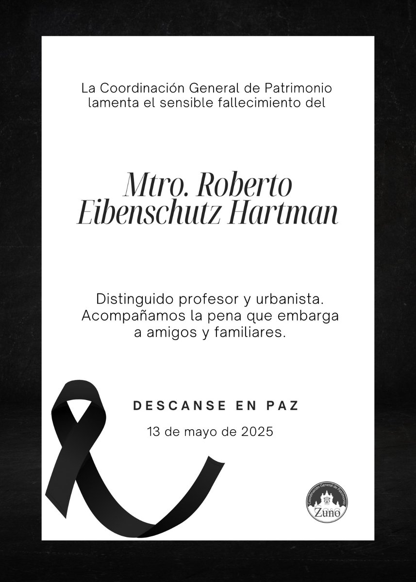 Patrimonio UdeG (@patrimonioudeg) on Twitter photo Con profunda tristeza, lamentamos el sensible fallecimiento del Mtro. Roberto Eibenschutz Hartman, (<a href="/reibenschutz/">Roberto Eibenschutz Hartman</a> ) profesor y urbanista.
Enviamos nuestras condolencias a sus familiares y amigos.
Descanse en paz. 🕊️ Con profunda tristeza, lamentamos el sensible fallecimiento del Mtro. Roberto Eibenschutz Hartman, (<a href="/reibenschutz/">Roberto Eibenschutz Hartman</a> ) profesor y urbanista.
Enviamos nuestras condolencias a sus familiares y amigos.
Descanse en paz. 🕊️