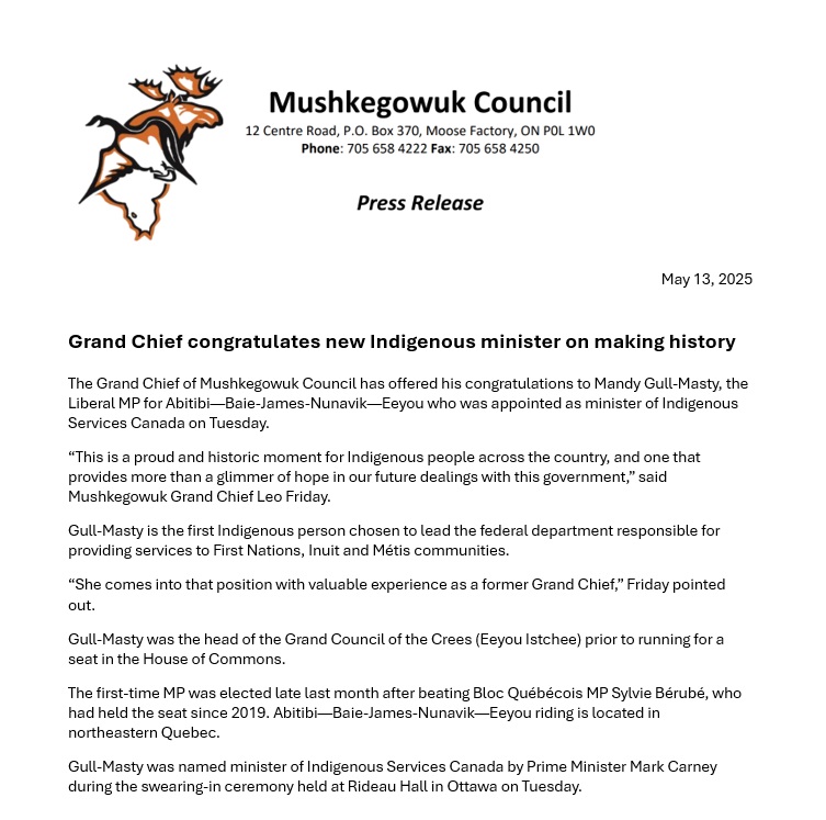 Mushkegowuk Grand Chief Leo Friday congratulates Mandy Gull-Masty after she was appointed minister of Indigenous Services Canada. It is the first time, an Indigenous person is heading the department responsible for providing services to First Nations, Inuit and Métis communities.