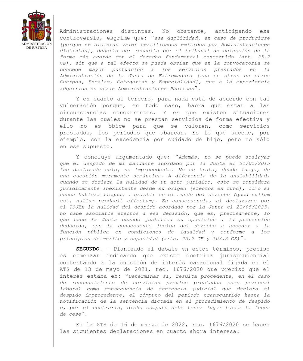 ⚖️STSJEx núm. 198/2025, de 12 de mayo, apelación 52/2024. Sobre #cómputo de #experiencia profesional en #proceso #selectivo #público tras #despido declarado #nulo.
