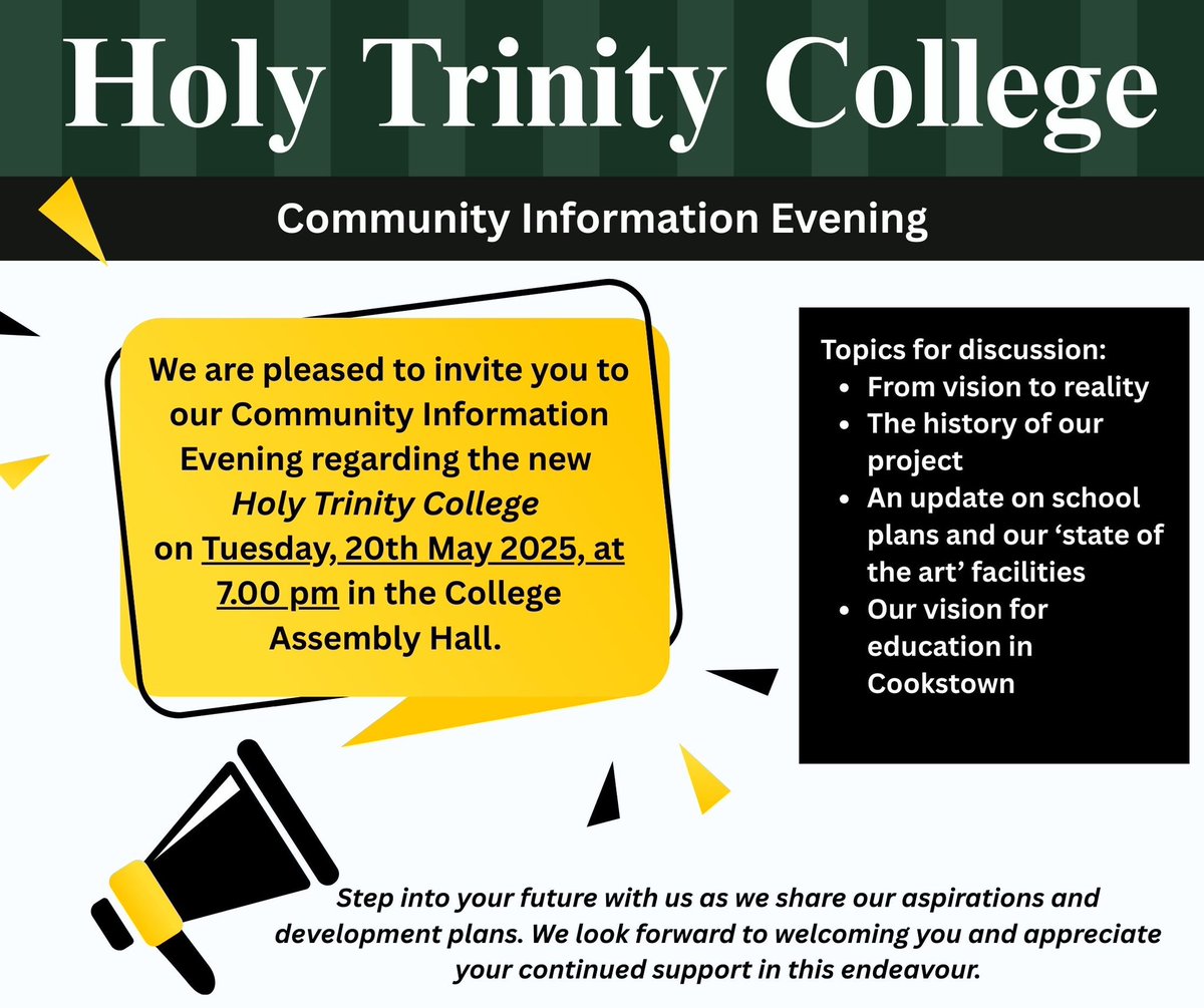 HTPS_Cookstown's tweet image. ▪️Community Information Event
▪️Tuesday 20th May 2025 @ 7.00pm
▪️College Assembly Hall
 
This informative gathering will provide an opportunity to learn about the exciting journey towards the establishment of the new Holy Trinity College building.