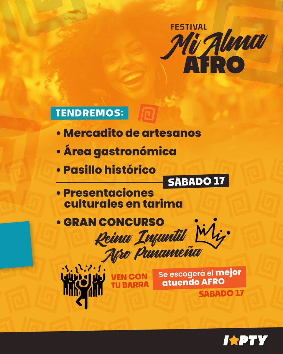 Panamaalcaldia's tweet image. ¡Vive el ritmo del Festival Mi Alma Afro!
🗓️ 16, 17 y 18 de mayo
📍 Mercado San Felipe Neri
🎶 Cultura, sabor y tradición afro
🕗 Vie y dom: 8 a.m. – 3 p.m.
🕙 Sáb: 10 a.m. – 3 p.m.
¡No te lo pierdas! ✨