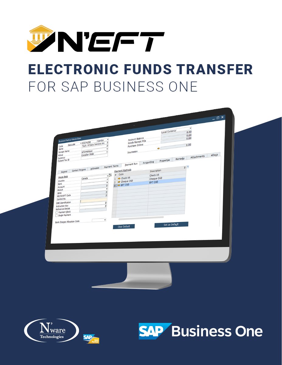 NwareTech's tweet photo. Still printing checks? It’s time to upgrade.
Meet N’EFT, the @SAP Business One add-on that transforms how you pay vendors and suppliers with Electronic Funds Transfer (EFT)—no more checks, stamps, or mail.

Learn more: https://t.co/ln04uN7NGF https://t.co/87SaMLdpPp