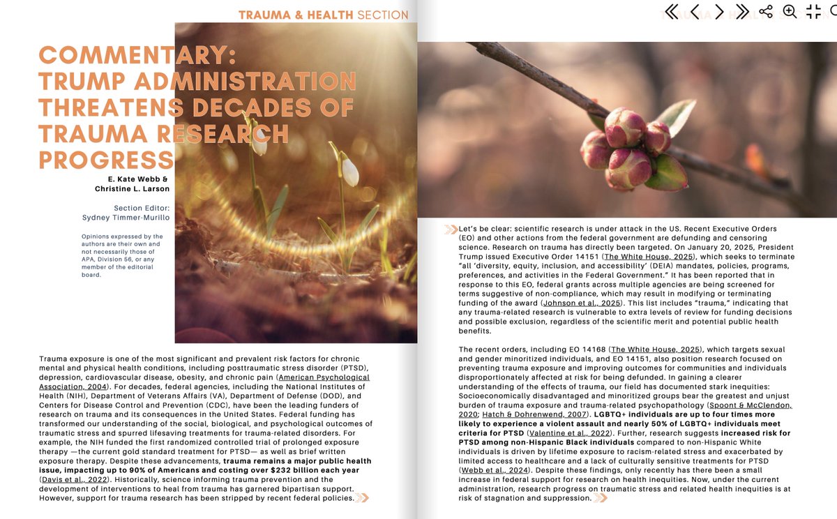Federal funding plays a critical role in supporting life-saving research. In the recent APA Div56 newsletter, we outline how Trump policies place trauma research at risk and emphasize the importance of collective action.
apatraumadivision.org/spring-2025-vo…
