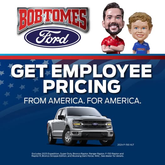 💥 BIG NEWS 💥
You pay what we pay all month long when you shop Bob Tomes Ford! Come see us today! 🚙💨
#EmployeePricing #TexasFord #McKinney #BobTomesFord