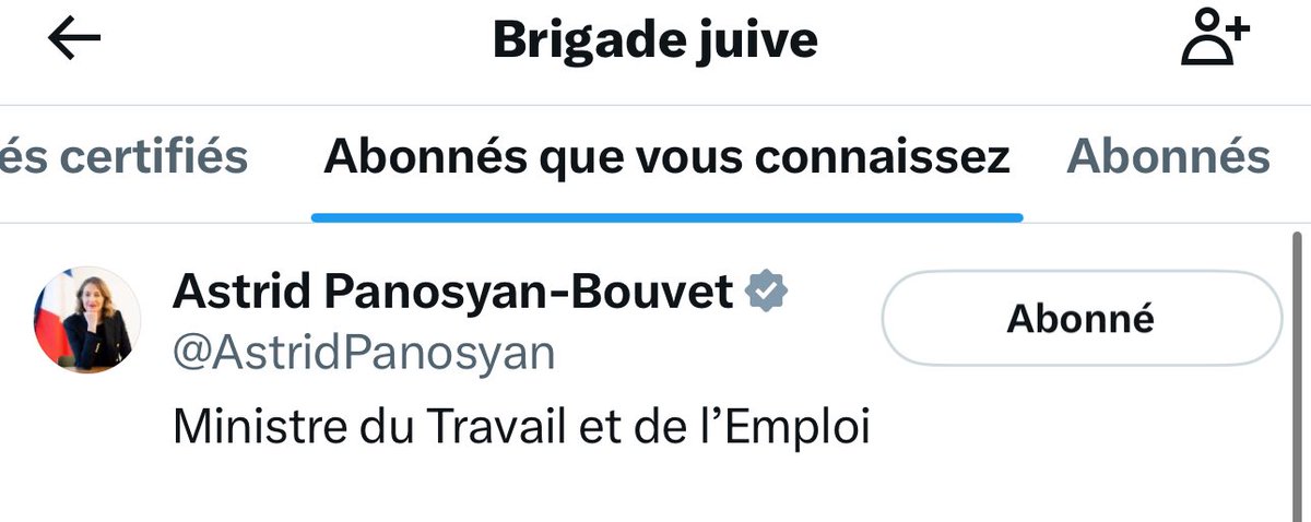 Rima Hassan (@rimahas) on Twitter photo La ministre du travail <a href="/AstridPanosyan/">Astrid Panosyan-Bouvet</a> qui suit le compte de la brigade juive je vous laisse apprécier le contenu de leurs posts <a href="/Brigadejuive/">Brigade juive</a> . La ministre du travail <a href="/AstridPanosyan/">Astrid Panosyan-Bouvet</a> qui suit le compte de la brigade juive je vous laisse apprécier le contenu de leurs posts <a href="/Brigadejuive/">Brigade juive</a> .