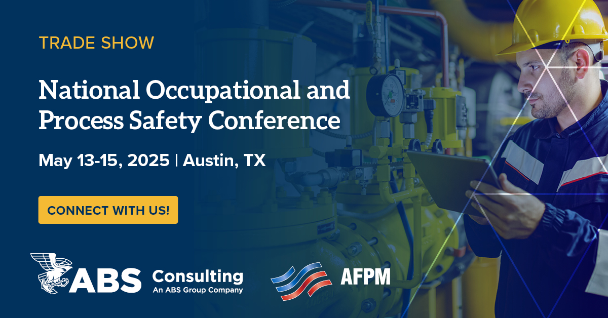 Join ABS Consulting at the <a href="/AFPMonline/">AFPM</a> National Occupational &amp; #ProcessSafety Conference happening NOW in Austin! Stop by our table at the show and learn how our comprehensive process safety solutions deliver practical, actionable results: bit.ly/43tozMK
#AFPMNSC