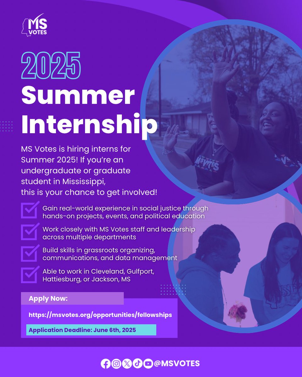 Are you a student at Delta State or Mississippi Valley State University looking to make a change in your communtiy? 
MS Votes is hiring interns for Summer 2025!
💵 $15/hr | Organize. Lead. Grow.
🗓 Deadline: June 6

Apply now → msvotes.org/opportunities/…
#MSVotes