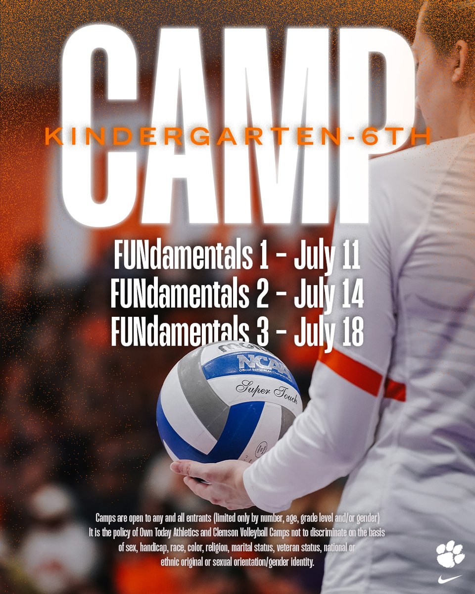 Calling all kindergarteners to sixth graders 🚨

Join us for a some FUNdamentals this summer in Jervey Gym! Make sure to register today!

➡️ clemsonvbcamps.com