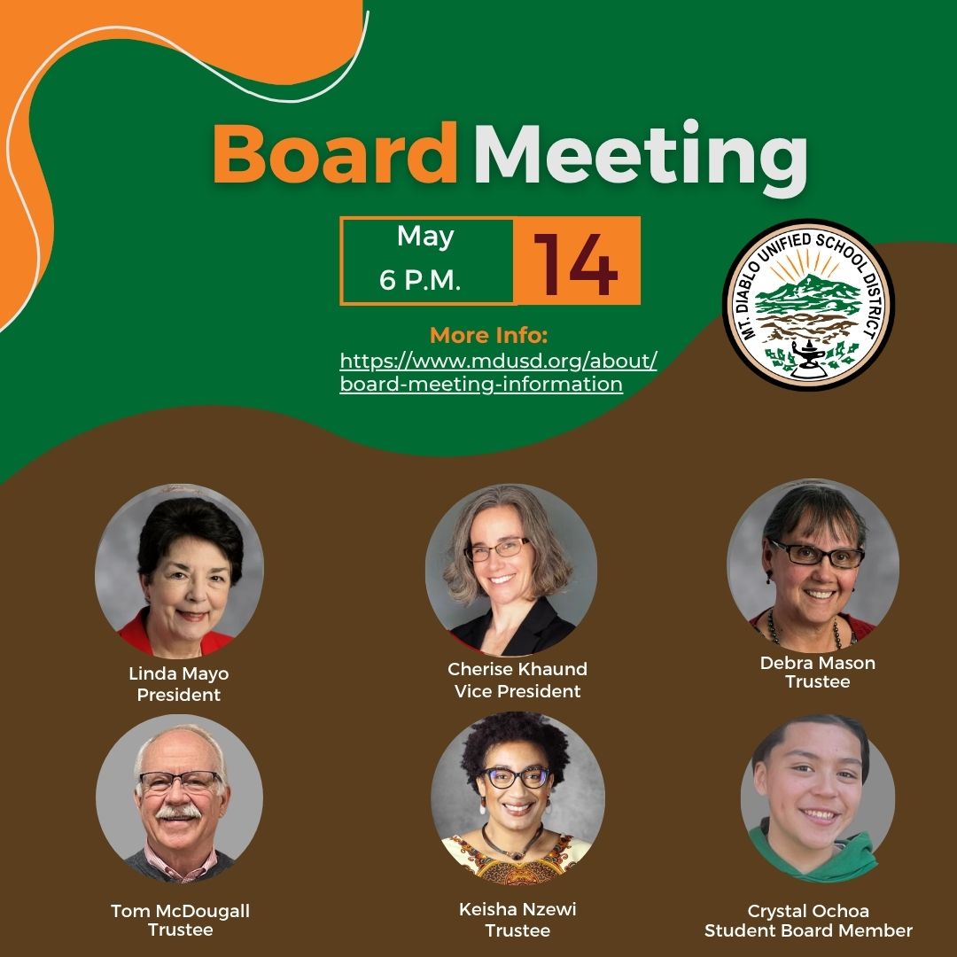 The MDUSD Board meets at 6p Wed 5/14 to recognize the District's Classified Employees of the Year, appoint a Dir. of Student Services, Dir. of Enrollment Services &amp; Riverview MS Principal, receive budget, Schneider Electric &amp; workability reports. Agenda:   mtdiablo.ic-board.com/public_agendav…