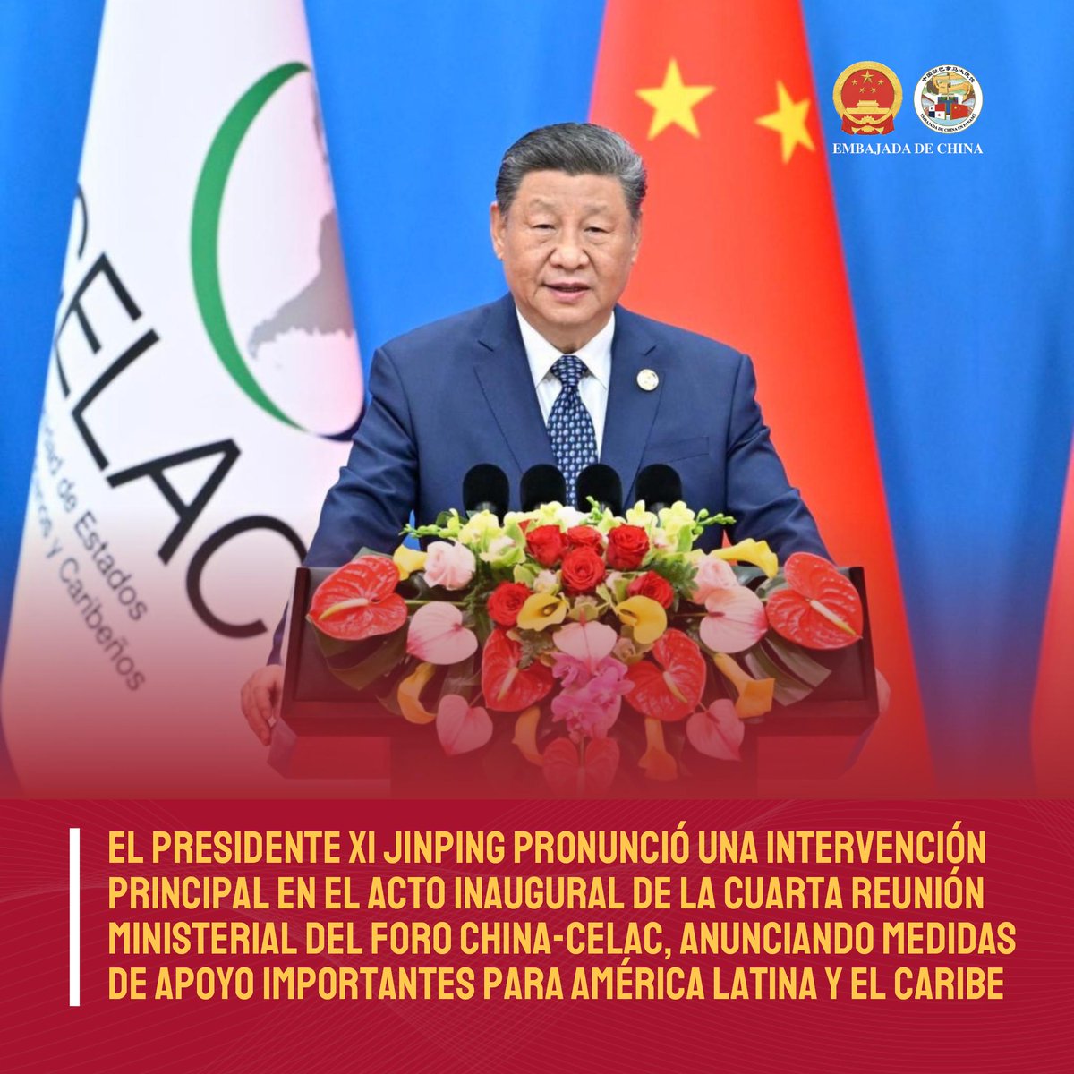 EmbChinaPa's tweet image. En el acto inaugural de la Cuarta Reunión Ministerial del Foro China-CELAC, el Presidente Xi Jinping anunció numerosas medidas importantes de apoyo para América Latina y el Caribe. Compartimos el texto íntegro del discurso y los puntos destacados. En su intervención, el…