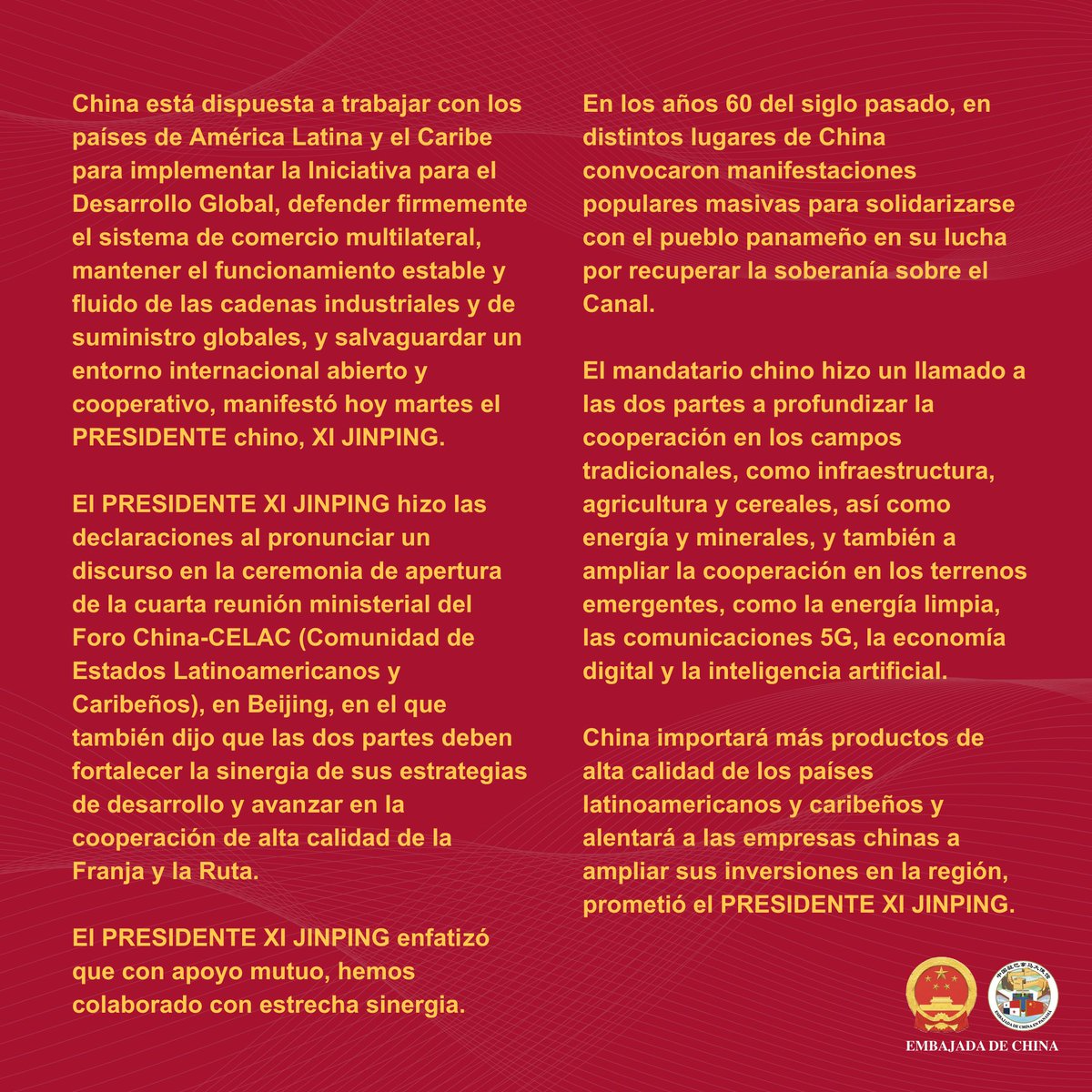 EmbChinaPa's tweet image. En el acto inaugural de la Cuarta Reunión Ministerial del Foro China-CELAC, el Presidente Xi Jinping anunció numerosas medidas importantes de apoyo para América Latina y el Caribe. Compartimos el texto íntegro del discurso y los puntos destacados. En su intervención, el…