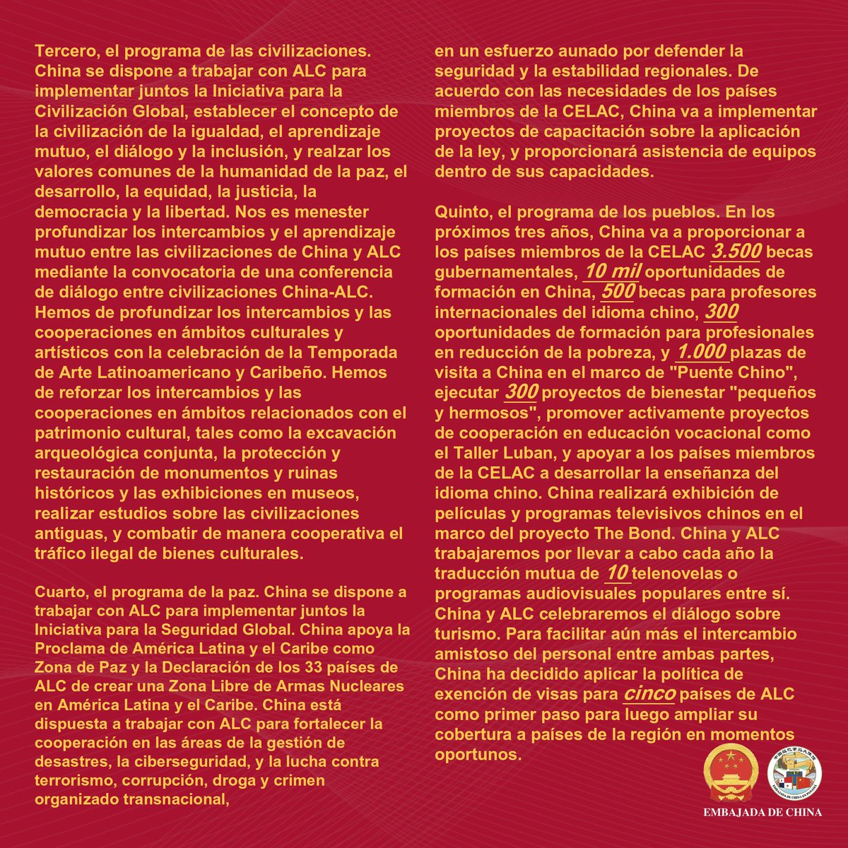 EmbChinaPa's tweet image. En el acto inaugural de la Cuarta Reunión Ministerial del Foro China-CELAC, el Presidente Xi Jinping anunció numerosas medidas importantes de apoyo para América Latina y el Caribe. Compartimos el texto íntegro del discurso y los puntos destacados. En su intervención, el…