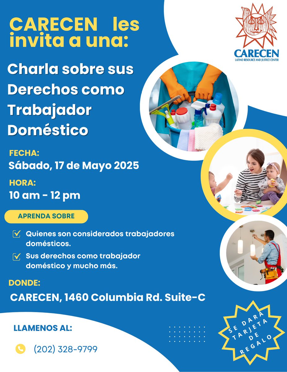 Los invitamos a otra charla sobre sus derechos como #trabajadordomestico!

🗓️ Mayo 17
⏰ 10am-12pm
📍 CARECEN