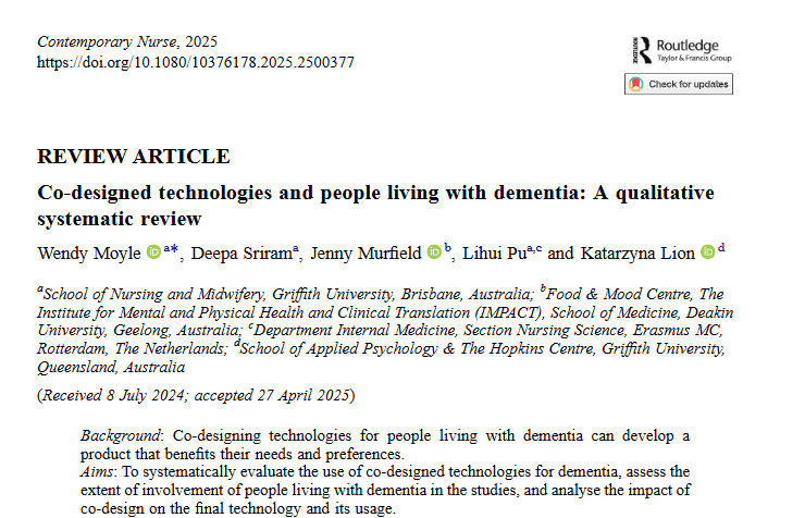 Griffith University Nursing & Midwifery (@griffithnursing) on Twitter photo 📢Publication Alert 📢
This systematic review by Prof <a href="/WendyMoyle2/">Wendy Moyle 💉💉💉💉</a> and authors highlights the importance—and current gaps—in co-designing technologies with people living with #dementia.
Have a read here:
🔗tandfonline.com/doi/full/10.10… 📢Publication Alert 📢
This systematic review by Prof <a href="/WendyMoyle2/">Wendy Moyle 💉💉💉💉</a> and authors highlights the importance—and current gaps—in co-designing technologies with people living with #dementia.
Have a read here:
🔗tandfonline.com/doi/full/10.10…