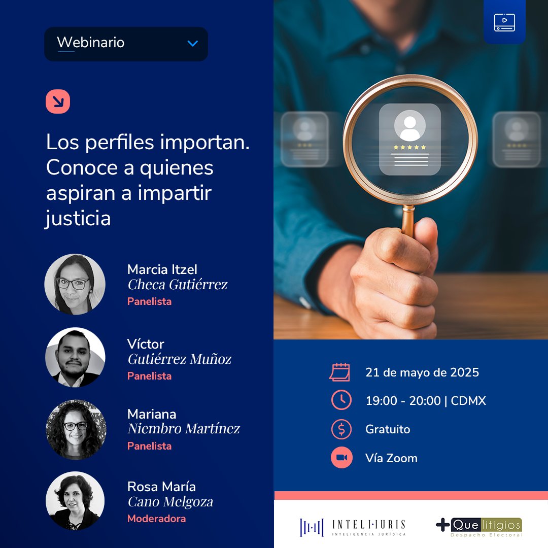 Inteli-Iuris (@inteli_iuris) on Twitter photo Justicia bajo la lupa: perfiles, antecedentes y voto informado"
No todos los aspirantes al poder judicial tienen un perfil objetivo. ¿Cómo saber quiénes sí?
👉 Regístrate al webinario con <a href="/cocoy1964/">Rosa Maria Cano</a> , <a href="/ItzelCheca/">Marcia Itzel</a> , Víctor Gutiérrez Muñoz y Mariana Niembro Martínez y y <a href="/Di_sentir/">Di-sentir</a> Justicia bajo la lupa: perfiles, antecedentes y voto informado"
No todos los aspirantes al poder judicial tienen un perfil objetivo. ¿Cómo saber quiénes sí?
👉 Regístrate al webinario con <a href="/cocoy1964/">Rosa Maria Cano</a> , <a href="/ItzelCheca/">Marcia Itzel</a> , Víctor Gutiérrez Muñoz y Mariana Niembro Martínez y y <a href="/Di_sentir/">Di-sentir</a>