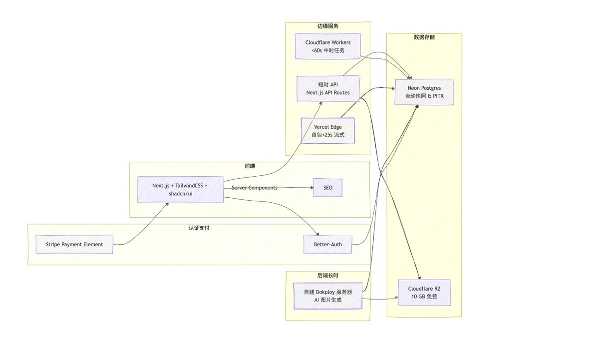 wangrunlin_'s tweet image. 「风格转换站」开搞! 🚀

做了一下技术选型

技术栈:
▸ Next.js (前端)
▸ Tailwind, shadcn, Magic (UI)
▸ Vercel, Dokploy/Hono (部署)
▸ Neon/PITR (DB)
▸ R2/CF (存储,10G免费)
▸ BetterAuth (认证,OS)
▸ Stripe (支付)

会分享过程+坑点 😉 欢迎围观和交流! #BuildInPublic #SideProject