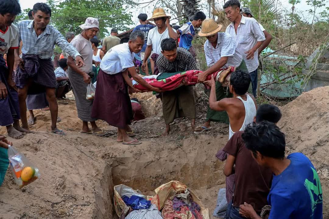 TheChindwin's tweet photo. Parents, families of the victims and villagers have conducted burial rites for 22 individuals of which 20 were school going children and the other two were teachers - all of who were brutally killed when an airstrike carried out by the junta regime yesterday targeted a school in the village. 

Current reports reveal that among the casualties are 20 children and 2 teachers, with more than 60 people left injured in the devastating aftermath of the bombing in Utthingkuan village.

The junta regime's willingness to perpetrate such acts of violence against civilians is both unprecedented and alarming, particularly in light of the regime leader's attendance at a victory parade in Russia hosted by President Putin.

Photo/CJ