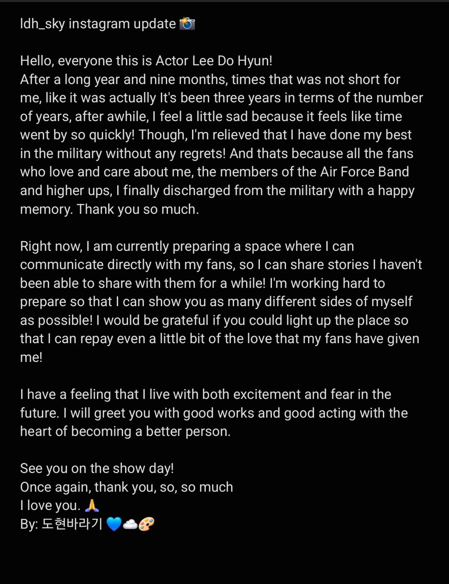 📸ldh_sky ig update [eng]

Hello, everyone this is Actor Lee Dohyun!
After a long year and nine months, times that was not short for me, like it was actually It's been three years in terms of the number of years, after awhile, I feel a little sad because [..]

#LeeDoHyun #이도현
