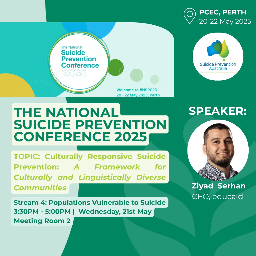 Excited and looking forward to presenting at the 2025 National Suicide Prevention Conference in Perth next week hosted by Suicide Prevention Australia. 🌿  <a href="/SuicidePrevAU/">Suicide Prevention Australia</a> <a href="/LivingWorksAus/">LivingWorks Australia</a> <a href="/ziyadserhan/">Ziyad Serhan</a> 

#NSPC2025