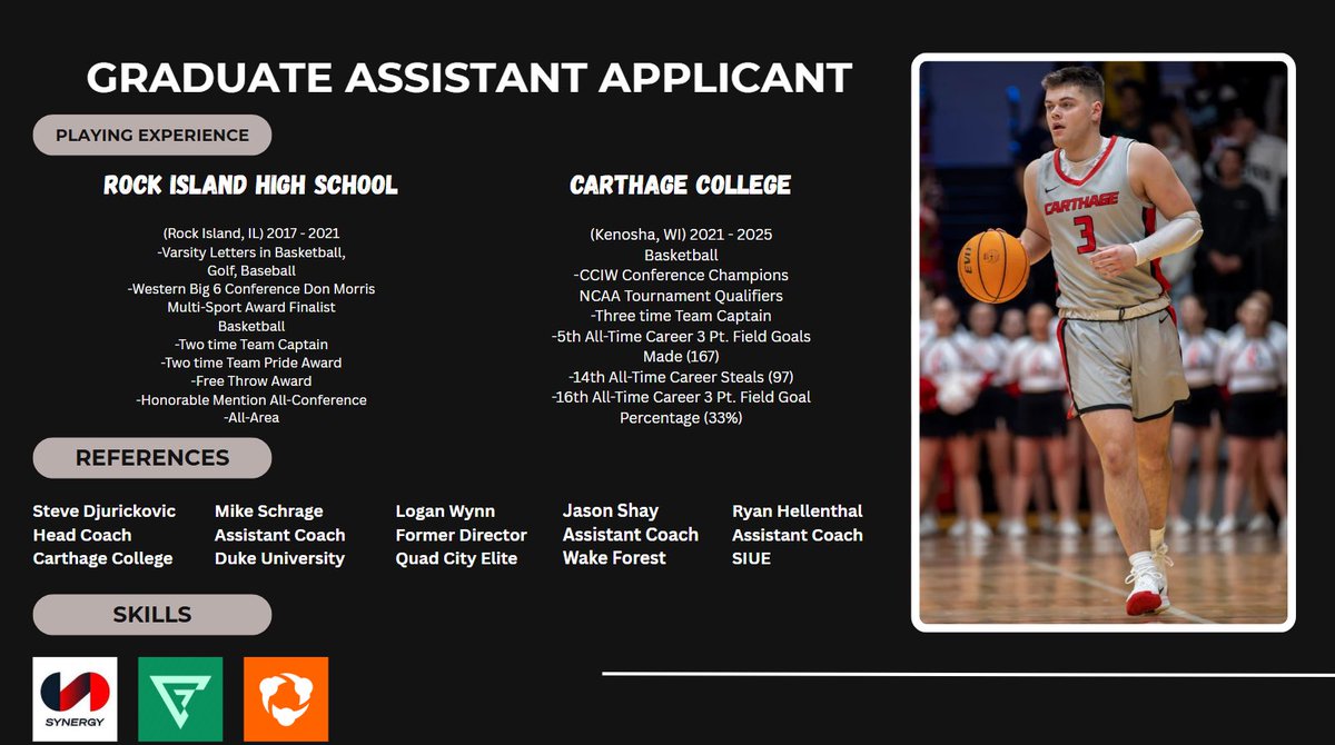 Colton Sigel (@coltonsigel) on Twitter photo Currently searching for Graduate Assistant opportunities on a Men’s Basketball staff for this coming school year! Eager to learn and grow as I start my coaching career!
📩 - csigel@carthage.edu
📞 - (309)235-8431 Currently searching for Graduate Assistant opportunities on a Men’s Basketball staff for this coming school year! Eager to learn and grow as I start my coaching career!
📩 - csigel@carthage.edu
📞 - (309)235-8431