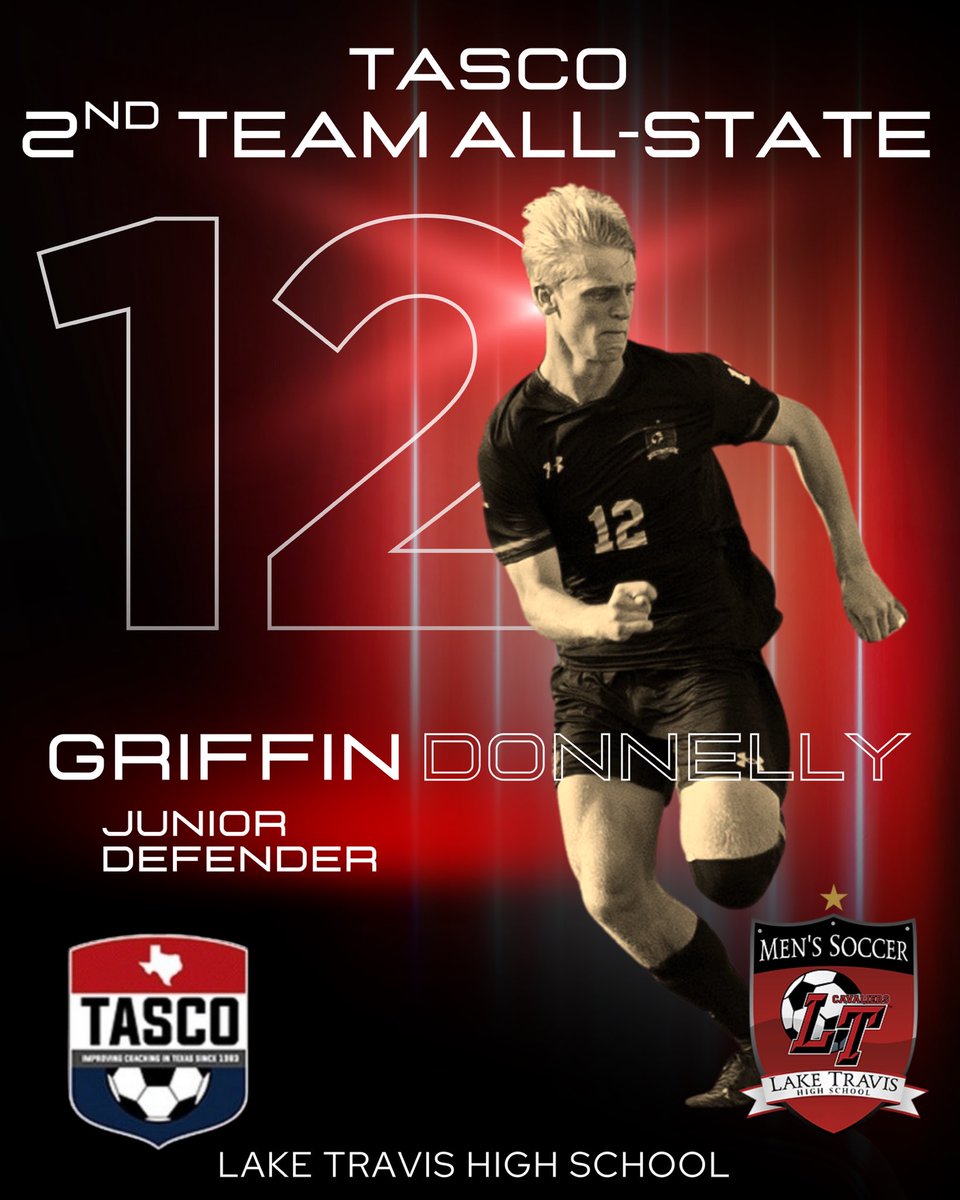 Lake Travis High School Men's Soccer (@ltboyssoccer) on Twitter photo 🌟ALL STATE🌟Congratulations to Junior, Griffin Donnelly who was selected Tasco 2nd Team All-State Defender 2024-2025💪
LT STRONG🔴⚫️⚔️ #buiLT
<a href="/LakeTravisHS/">LT High School</a> <a href="/LTSportsMag/">Lake Travis Sports</a> <a href="/ltladycavsoccer/">Lake Travis High School Women’s Soccer</a> <a href="/tascosoccer/">TASCO</a> <a href="/var_austin/">VAR</a> <a href="/varsity_news/">Varsity News</a> <a href="/ASJSportsATX/">Austin Sports Journal</a> <a href="/6a_28/">SA High School & Club Soccer</a> <a href="/HoopsMike/">Mike Jungblut 🎙</a> 🌟ALL STATE🌟Congratulations to Junior, Griffin Donnelly who was selected Tasco 2nd Team All-State Defender 2024-2025💪
LT STRONG🔴⚫️⚔️ #buiLT
<a href="/LakeTravisHS/">LT High School</a> <a href="/LTSportsMag/">Lake Travis Sports</a> <a href="/ltladycavsoccer/">Lake Travis High School Women’s Soccer</a> <a href="/tascosoccer/">TASCO</a> <a href="/var_austin/">VAR</a> <a href="/varsity_news/">Varsity News</a> <a href="/ASJSportsATX/">Austin Sports Journal</a> <a href="/6a_28/">SA High School & Club Soccer</a> <a href="/HoopsMike/">Mike Jungblut 🎙</a>