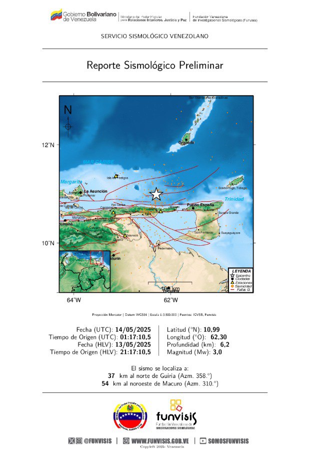 FUNVISIS            
Sismo  
13/05/2025 21:17
Mag (Mw): 3.0
Prof: 6.2 km
Epicentro: 10.989 N -62.300 O
37 km al norte de Guiria

#Sismo #Güiria #Temblor #Funvisis #ServicioSismológicoVenezolano
