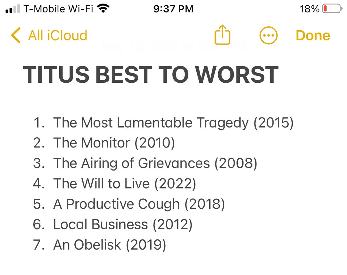 I find myself in a sentimental mood so I am updating my definitive ranking of Titus Andronicus albums

Chat, what do you think??