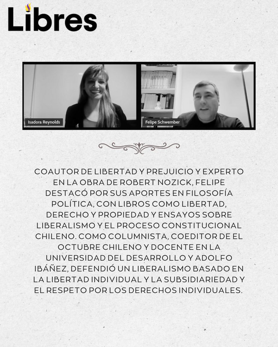Libres_Chile's tweet image. Es con la más profunda de las penas que despedimos a Felipe Schwember. 
Enviamos nuestras condolencias a sus familiares y amigos.

Adiós, Felipe, liberal y amigo.