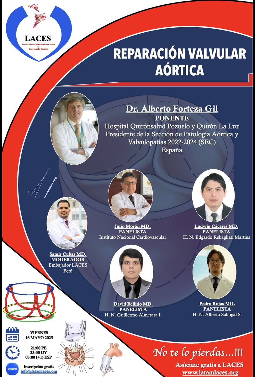 🚨 Don’t miss out! 🚨

Join <a href="/LATAM_LACES/">LACES</a> -🇵🇪 for an exclusive webinar:

🎓 "Aortic Valve Repair"
📅 Friday, May 16, 2025
⏰ Time:
🌎 9 PM (PE) | 11 PM (UY) | 3 AM (+1) (ESP)
📍🔗 Join here:
salavirtual-udelar.zoom.us/j/81100672668?…
📌 Meeting ID: 811 0067 2668
🔒 Passcode: W?jU2@ALa=