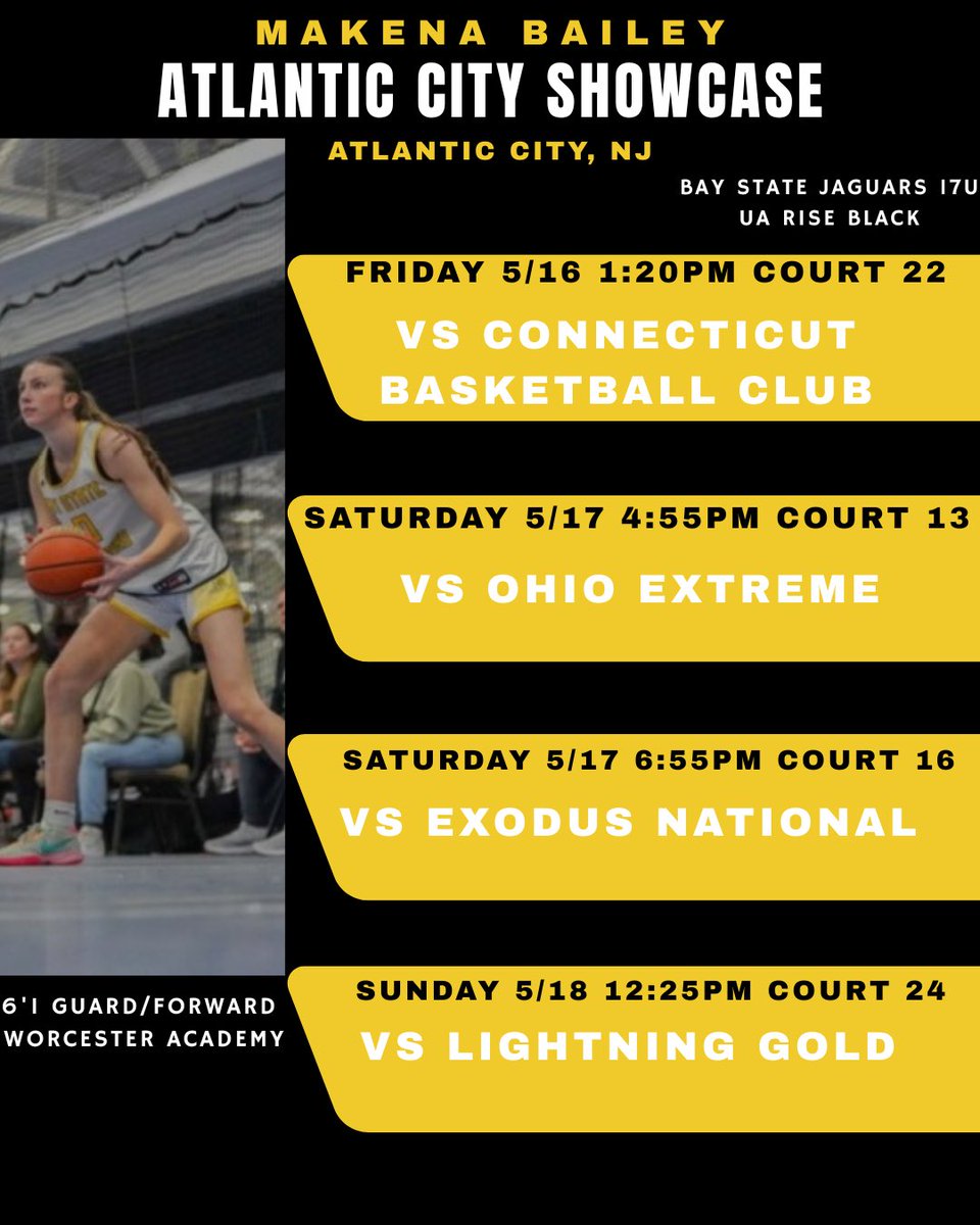 My schedule for this weekend in Atlantic City! Let’s Go! <a href="/BayStateJags/">Bay State Jaguars</a> <a href="/WorcesterGBB/">Worcester Academy Girls Basketball</a> <a href="/mrodrigues423/">Matt Rodrigues</a> <a href="/CoachTyMosley/">Coach Tyreik Mosley</a> <a href="/LaurieBollin/">LAURIE BOLLIN</a>