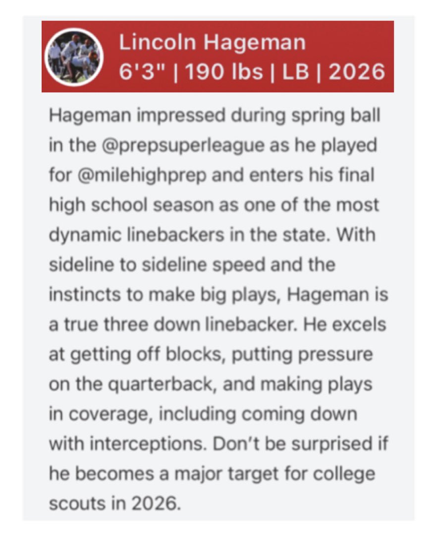 Lincoln Hageman (LB 2026) (@lincolnhageman) on Twitter photo Thanks for the write-up <a href="/PrepRedzoneCO/">Prep Redzone Colorado</a> <a href="/RobertLDavisIV/">RobertLDavisIV</a> Excited to compete this off-season !! <a href="/CoachLamAF/">Ken Lamendola</a> <a href="/coachskene3/">Brett Skene</a> <a href="/CoachWilk0/">Keaton Wilkerson</a> <a href="/CoachBehbahani/">Neema Behbahani</a> <a href="/CoachATrain99/">Aaron Fernandez</a> <a href="/CoachRenoFerri/">Reno Ferri</a> <a href="/CoachAntHill/">Anthoney Hill</a> <a href="/Gabe_Knapton/">Gabe Knapton</a> <a href="/Coachharrison60/">Coach Harrison</a> <a href="/Watkins_Hawks/">Ben Watkins</a> Thanks for the write-up <a href="/PrepRedzoneCO/">Prep Redzone Colorado</a> <a href="/RobertLDavisIV/">RobertLDavisIV</a> Excited to compete this off-season !! <a href="/CoachLamAF/">Ken Lamendola</a> <a href="/coachskene3/">Brett Skene</a> <a href="/CoachWilk0/">Keaton Wilkerson</a> <a href="/CoachBehbahani/">Neema Behbahani</a> <a href="/CoachATrain99/">Aaron Fernandez</a> <a href="/CoachRenoFerri/">Reno Ferri</a> <a href="/CoachAntHill/">Anthoney Hill</a> <a href="/Gabe_Knapton/">Gabe Knapton</a> <a href="/Coachharrison60/">Coach Harrison</a> <a href="/Watkins_Hawks/">Ben Watkins</a>