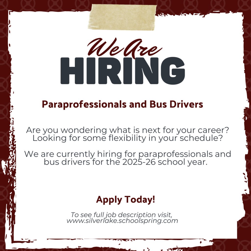 We are looking for the perfect candidates to join the Silver Lake Schools family. We are currently hiring for paraprofessionals ✏️ and bus drivers 🚌for the 2025-26 school year. Visit us online at silverlakeschools.org to apply! #SLEagles