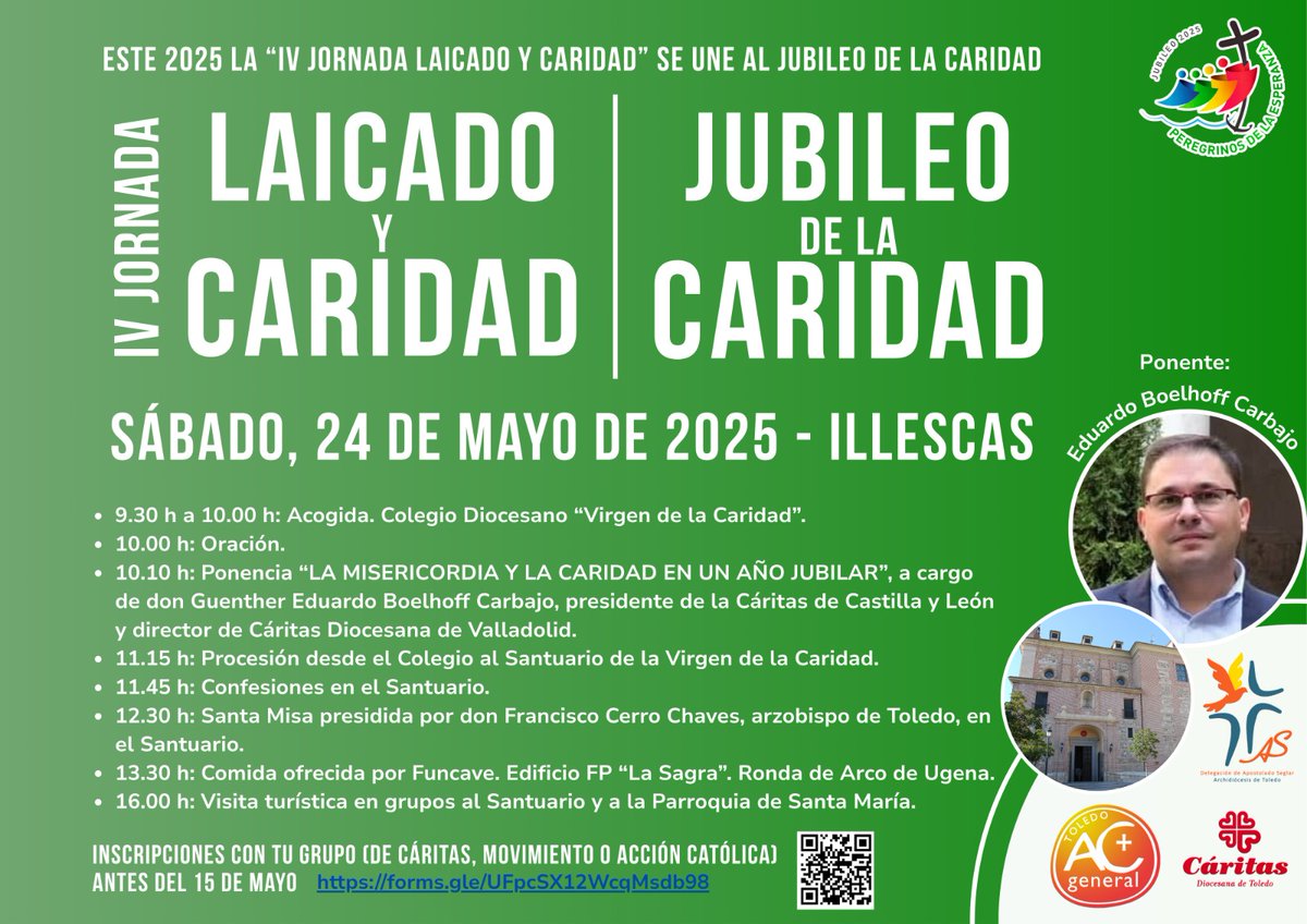 IV Jornada Laicado y Caridad, que organizamos junto a <a href="/caritasto/">Cáritas  Toledo</a> y <a href="/postoladoseglar/">Deleg. Apost. Seglar</a>, forma parte del #JubileoCaridad  el sábado 24/05 en Illescas. Una oportunidad más de ganar la Indulgencia Plenaria y unirnos con el propósito de aumentar nuestro compromiso con los necesitados.