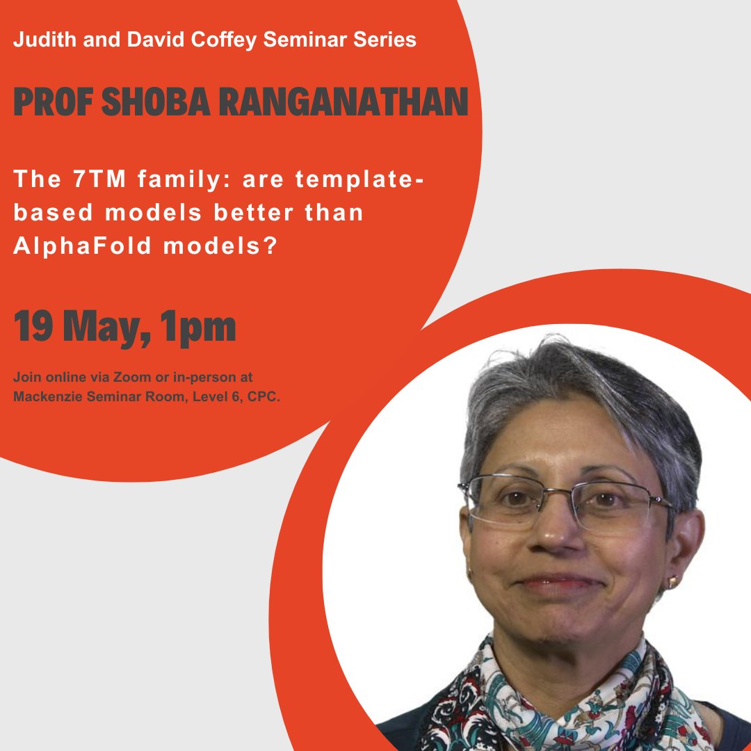 Sydney Precision Data Science Centre (@sydneybioinfo) on Twitter photo ✨Next Monday, we are excited to have Prob Shoba Ranganathan <a href="/Macquarie_Uni/">Macquarie University</a> as our Judith and David Coffey speaker!
📊 The 7TM family: are template-based models better than AlphaFold models?
⏱️19 May, 1pm (AEST)
🔗bit.ly/4hZLxiR ✨Next Monday, we are excited to have Prob Shoba Ranganathan <a href="/Macquarie_Uni/">Macquarie University</a> as our Judith and David Coffey speaker!
📊 The 7TM family: are template-based models better than AlphaFold models?
⏱️19 May, 1pm (AEST)
🔗bit.ly/4hZLxiR