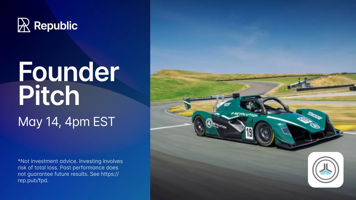 Join the Republic Webcast on Wednesday, May 14th 4pm EST, for the third edition of Founder Pitch, where our MD Nigel Redwood will be presenting the Revolution Race Cars investment opportunity!

Event page &amp; RSVP link can be found here:

rep.pub/fpitch