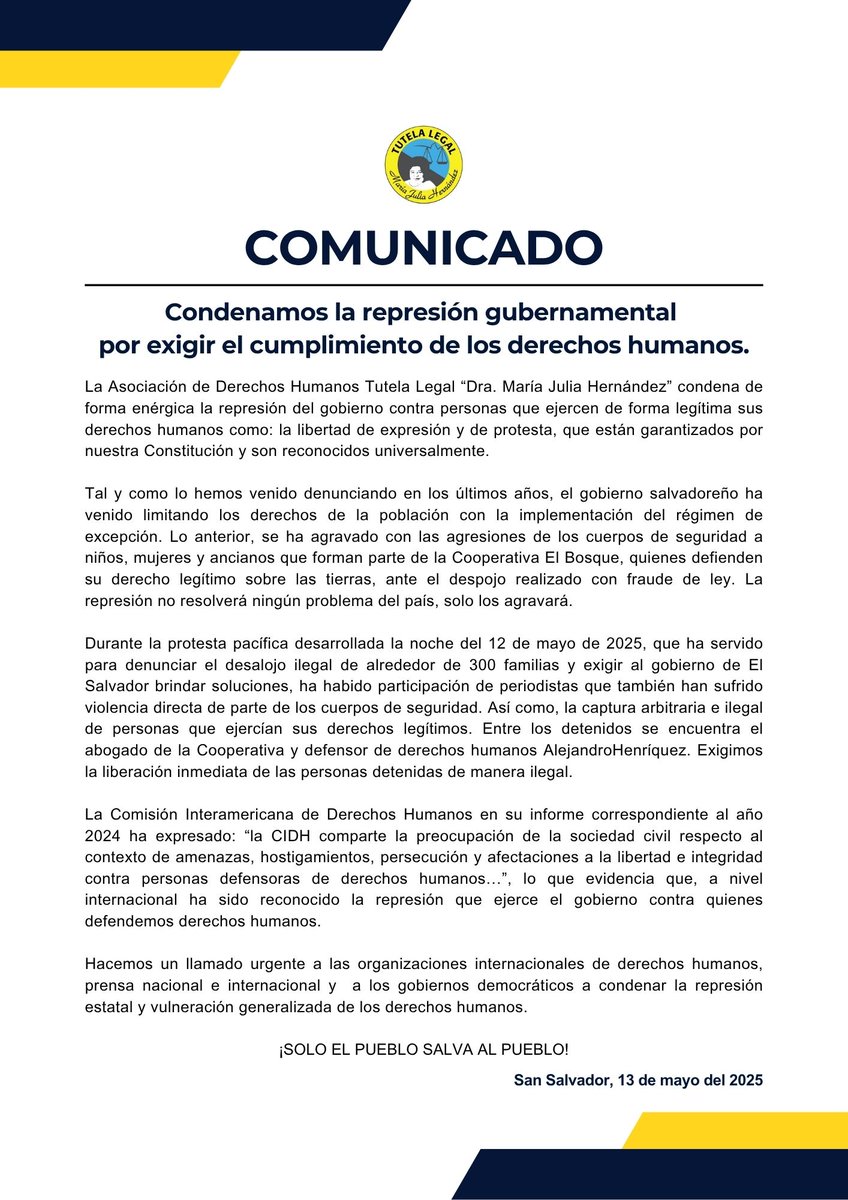 #Comunicado Condenamos de forma enérgica la represión del gobierno contras personas que ejercen de forma legítima sus derechos humanos como la libertad de expresión y de protesta que están garantizados por nuestra Constitución y tratados internacionales. #Justicia